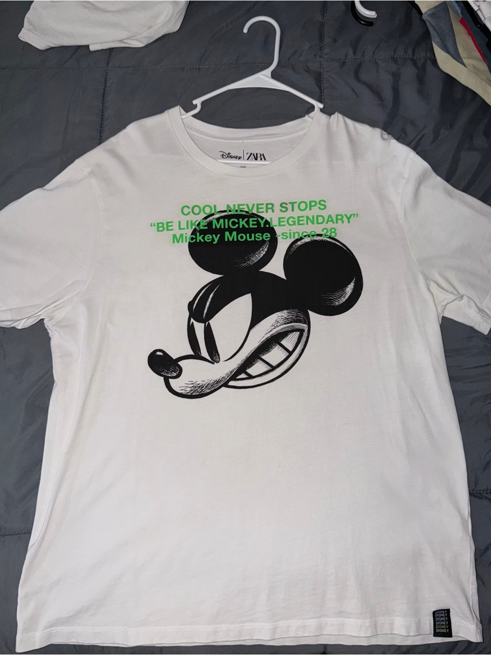 Zara x Disney White Short-Sleeve Tee with Black Mickey Face and Green Slogan